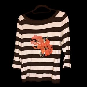 ❤️Venini Sweater SZ XL Black White Pink Pull-Over Striped Top Floral 3/4 Sleeved